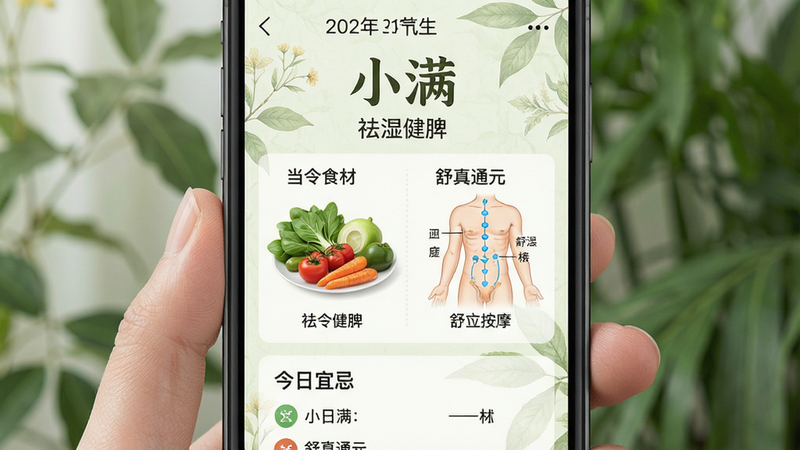 主体:手机界面,显示“节气养生”模块。布局:顶部是日期和节气名称,中间是当令食材和穴位按摩图示,底部是“今日宜忌”列表。排版:图文结合,视觉引导性强。风格:清新自然,带有淡淡的植物纹理背景。细节:食材图片写实,穴位图标注准确。画质:细腻,色彩饱和度适中,无杂乱背景。文字:“小满”、“祛湿健脾”、“舒真通元”。