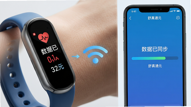 主体:手机与智能手环连接的示意图,手机屏幕显示同步成功界面。布局:左侧是手环佩戴特写,右侧是手机APP界面,中间有无线信号图标连接。排版:左右分栏,视觉平衡。风格:科技蓝色调,简洁现代。细节:手环屏幕显示心率,手机界面显示同步进度条。画质:高清,光影效果自然,无多余线条。文字:“数据已同步”、“舒真通元”。