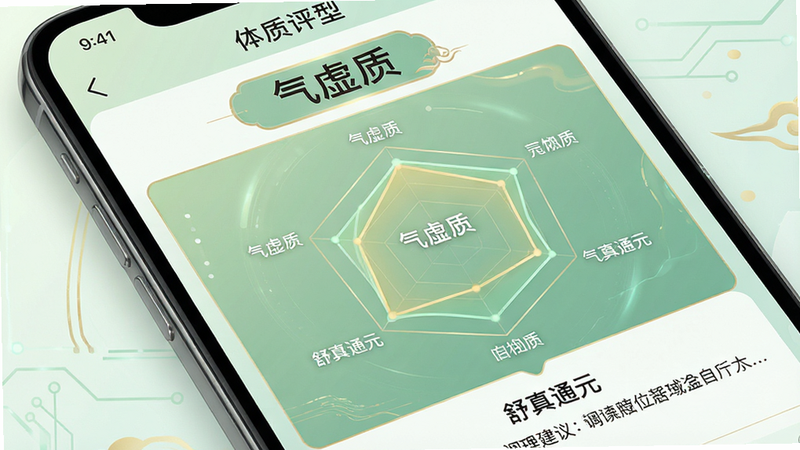 主体:手机界面特写,展示“体质评估”结果页。布局:顶部是体质类型标签(如“气虚质”),中部是雷达图展示各项指标,底部是文字解读。排版:层次分明,重点数据放大显示。风格:科技感与中医美学结合,使用淡绿色和金色点缀。细节:雷达图线条流畅,文字排版留白充足。画质:清晰,高分辨率,无阴影干扰。文字:“气虚质”、“调理建议”、“舒真通元”。