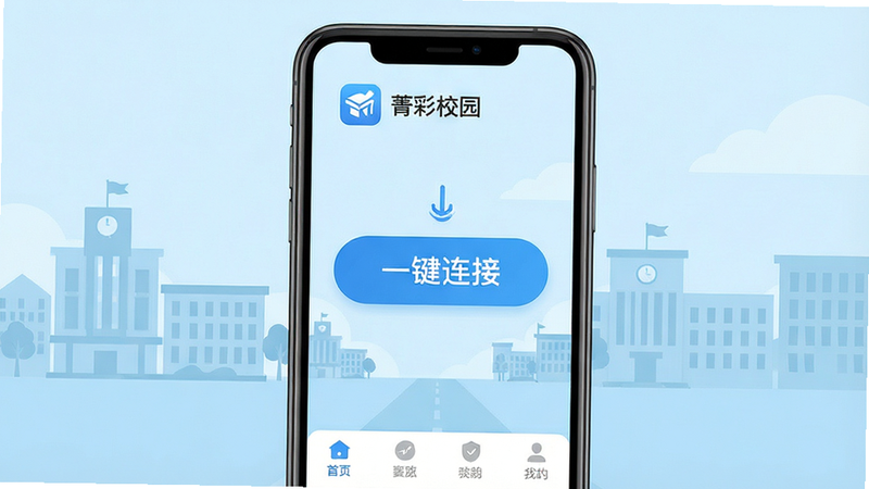 主体为智能手机屏幕,显示“菁彩校园”App的主界面,背景为简洁的浅蓝色校园风景,布局清晰,顶部有应用Logo和名称,中间是醒目的“一键连接”大按钮,底部有功能导航栏,风格为扁平化UI设计,细节包含细微的校园建筑剪影,画质高清,干净,无多余元素