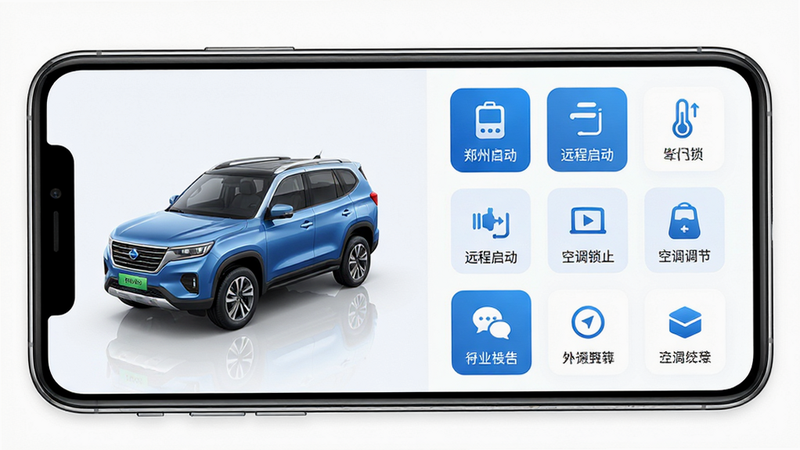 主体为郑州日产智联APP手机界面全景图,布局采用现代化扁平化UI设计,左侧展示车辆3D模型预览,右侧列出远程控车功能图标如远程启动、车门锁止、空调调节等,排版清晰有序,风格科技感蓝白色调,细节处有高清光泽质感,画质4k,干净无多余元素,文字包含