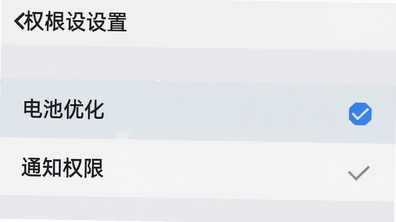 主体为手机设置界面截图,布局为列表式选项,高亮显示“电池优化”和“通知权限”设置项,排版清晰易读,风格简洁系统原生感,细节处有勾选标记,画质清晰,干净无水印,文字包含