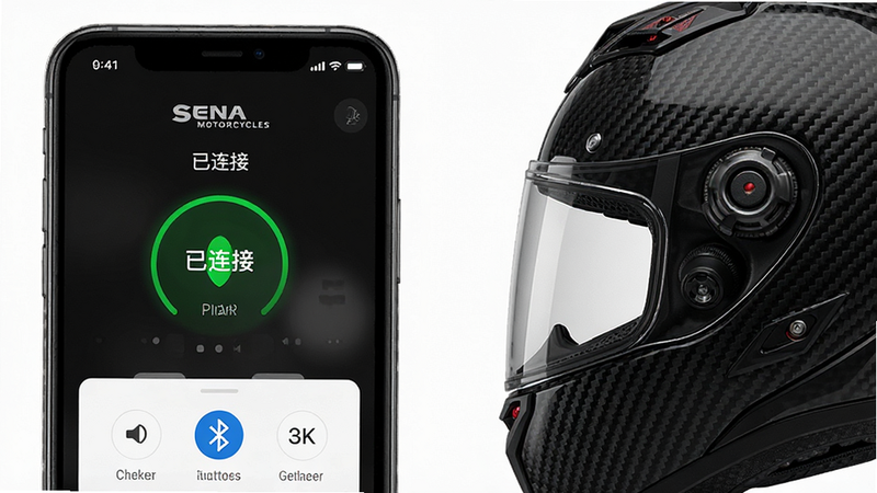 展示Sena Motorcycles App的蓝牙配对界面,主体为手机屏幕与摩托车头盔的特写组合,布局左侧为手机界面显示“已连接”绿色状态,右侧为黑色碳纤维纹理头盔,排版左右对称,风格写实且富有科技感,细节展示耳机单元结构,画质8k,干净,无多余元素