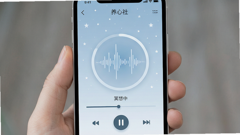 一张展示手机屏幕播放冥想音频界面的设计图,主体为“养心社”APP内的播放页,布局简洁,中央显示圆形波形动画,背景为淡蓝色星空图案,风格静谧优雅,细节包含播放进度条和暂停按钮,画质清晰,干净无杂项,文字显示为“冥想中”