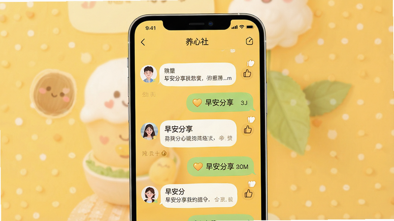 一张展示社群聊天界面的手机UI设计图,主体为“养心社”APP的社区板块,布局为聊天气泡形式,背景为暖黄色调,风格亲切友好,细节包含用户头像和点赞图标,画质高保真,干净无水印,文字显示为“早安分享”