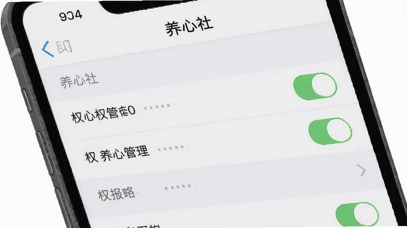 一张展示手机设置界面的示意图,主体为“养心社”APP在系统设置中的权限管理页面,布局为列表形式,背景为浅灰色,风格简洁直观,细节包含权限开关图标,画质清晰,干净无广告,文字显示为“权限管理”