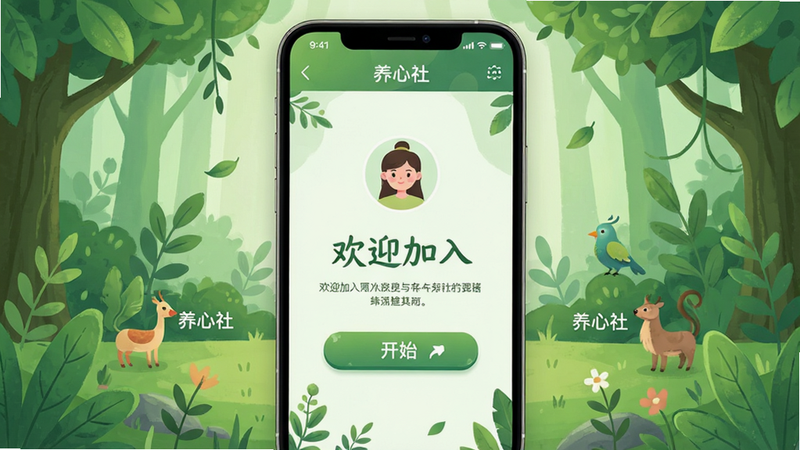 一张展示新手引导界面的手机UI设计图,主体为“养心社”APP的欢迎页,布局为全屏插画风格,背景为绿色自然元素,风格清新自然,细节包含开始按钮和用户头像,画质高清晰,干净无杂乱,文字显示为“欢迎加入”