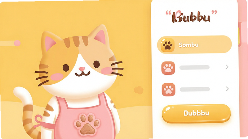 ����չʾBubbuӦ�ý��棬���������һֻ���ŷ�ɫСΧȹ�Ŀ�ͨè���Ҳ��Ǽ��Ĳ˵������������������ҷ������Ű��ִ���Լ��ͼ���ƽ����ơ������ܰ��ͣ�ɫ����ů�ƺ�ǳ��Ϊ����ϸ��չʾ��ť�ĸ߹�Ч����èצӡ����������������UIԪ�ر�Ե�������޶��౳�����š���������