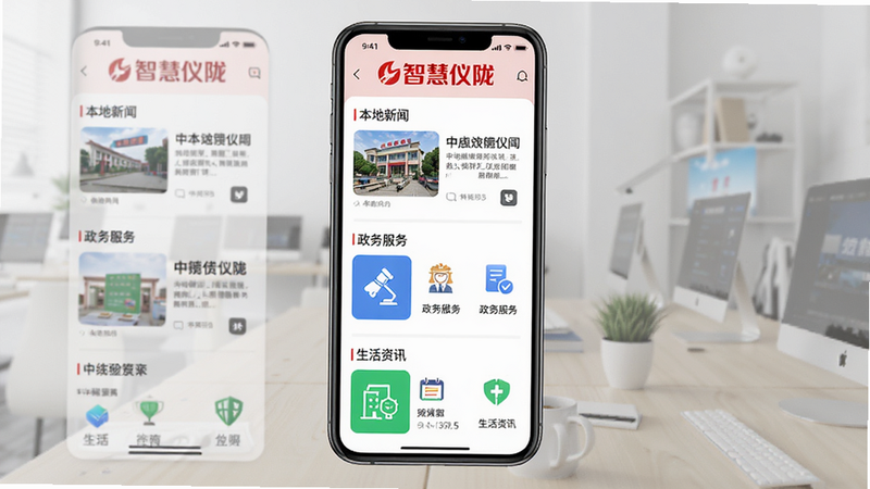 主体为智慧仪陇APP的手机界面全景展示,布局采用扁平化设计,顶部是醒目的“智慧仪陇”红色Logo,中间分为“本地新闻”、“政务服务”、“生活资讯”三个主要板块,排版整齐清晰,风格现代简约,细节包含真实的新闻标题缩略图和图标,画质高清,干净,无多余元素