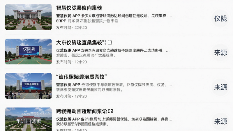 主体为智慧仪陇APP的新闻列表页面,布局为垂直滚动列表,每条新闻包含标题、摘要、发布时间和来源图标,排版紧凑有序,风格清新专业,细节展示多条关于仪陇县新闻的缩略图,画质清晰,干净,无多余元素
