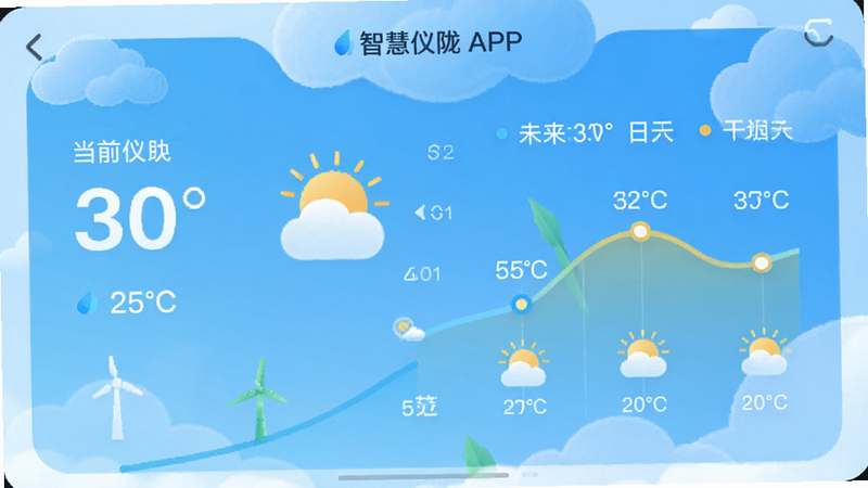 主体为智慧仪陇APP的天气功能页面,布局为简洁的仪表盘风格,显示当前温度、天气图标、未来几天预报曲线,排版直观清晰,风格清新自然,细节包含云朵、太阳等天气元素图标,画质高清,干净,无多余元素