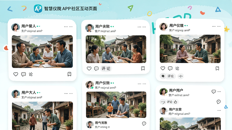 主体为智慧仪陇APP的社区互动页面,布局为卡片式瀑布流,展示用户发布的图文帖子和评论互动,排版活泼生动,风格亲切自然,细节包含点赞、评论图标和用户头像,画质高清,干净,无多余元素