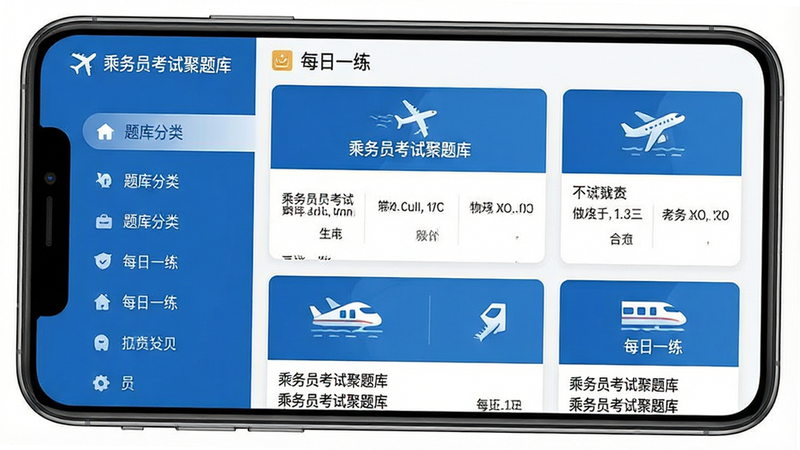 生成一张展示“乘务员考试聚题库”安卓应用界面的全景图,主体为手机屏幕,显示清晰的“题库分类”和“每日一练”模块,布局采用左右分栏,左侧为菜单栏,右侧为试题卡片,风格为现代扁平化设计,色调以商务蓝和白色为主,细节处包含飞机图标和高铁图标,文字清晰标注“乘务员考试聚题库”,画质4k,干净无多余元素