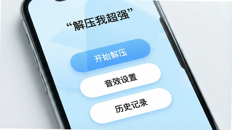 画面主体为一部竖屏显示的现代智能手机,屏幕中央清晰展示“解压我超强”App界面,背景为柔和的浅蓝色渐变色块,界面上有三个圆润的按钮,分别标注“开始解压”、“音效设置”、“历史记录”,整体布局极简主义,排版清晰,风格清新治愈,细节处有轻微的光影反射,画质4K高清,干净无多余元素