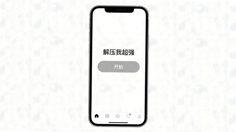 手机全屏显示“解压我超强”主界面,界面极其简洁,只有中心一个大的开始按钮和底部的导航栏,周围留白充足,背景为纯白色,没有任何广告位或推广信息,风格极简主义,排版宽松舒适,细节柔和,画质超清,干净无噪点