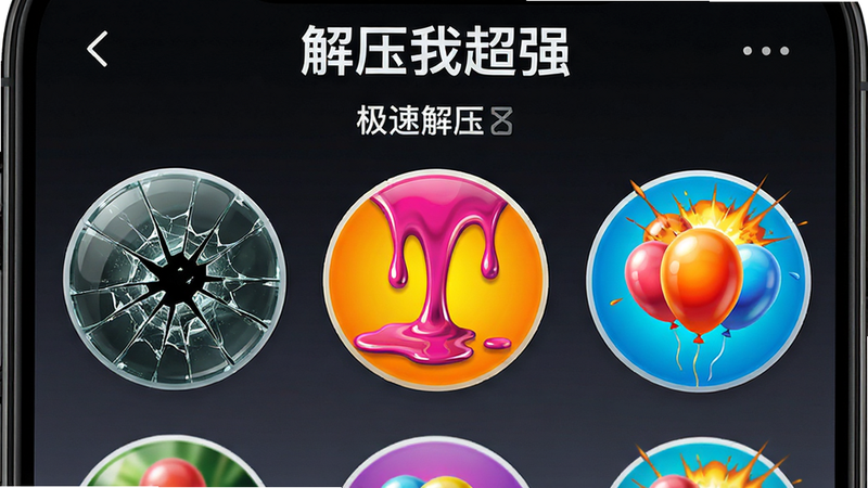 手机屏幕特写,显示“解压我超强”App内的“极速解压”模块,界面中有几个巨大的圆形图标,图标内分别是破碎的玻璃、流淌的油漆和爆炸的气球图案,色彩鲜艳对比强烈,布局居中对称,风格动感且富有张力,细节刻画细腻,画质高清,干净背景
