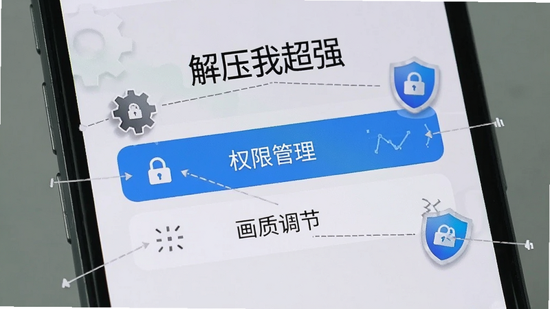 手机屏幕显示“解压我超强”的设置菜单,重点高亮显示“权限管理”和“画质调节”选项,周围环绕着齿轮和盾牌图标,象征安全与优化,背景为浅灰色,布局清晰易读,风格实用主义,细节标注明确,画质清晰,干净无干扰