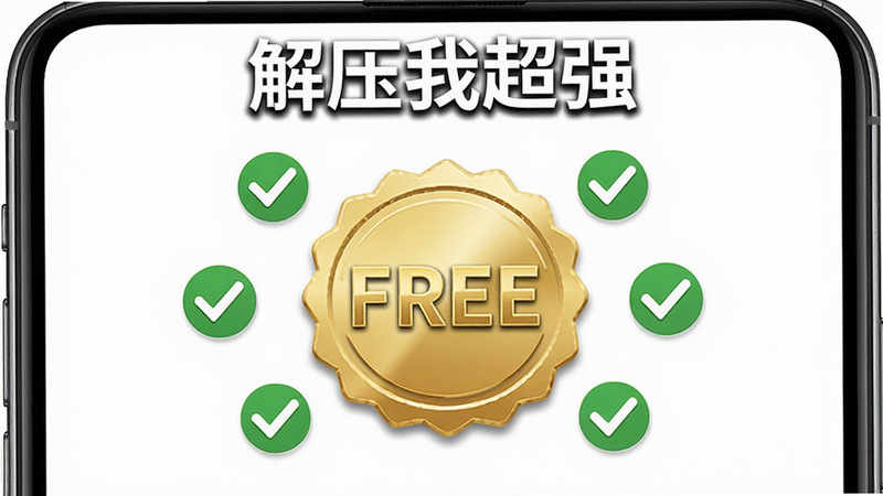 手机界面展示“解压我超强”的免费声明,中央有一个金色的“FREE”徽章,周围环绕着对勾图标,象征无广告、无内购,背景为明亮的白色,风格简洁明快,排版中心对称,细节精致,画质高清,干净无杂色