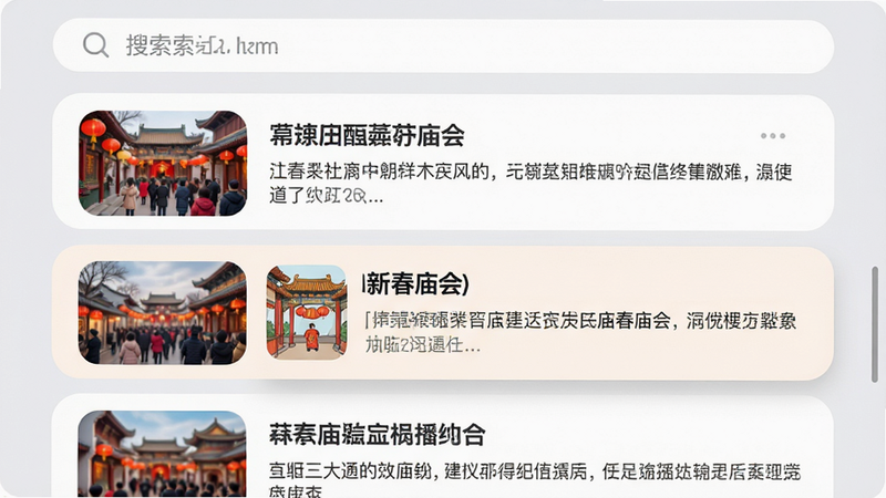 手机界面截图风格,展示信息流列表,左侧为缩略图,右侧为标题和摘要,界面顶部有搜索栏,背景为浅灰色,卡片式设计,圆角边框,色彩柔和,突出显示一条关于“新春庙会”的资讯,文字排版整齐,清晰易读,现代UI设计风格,高保真细节