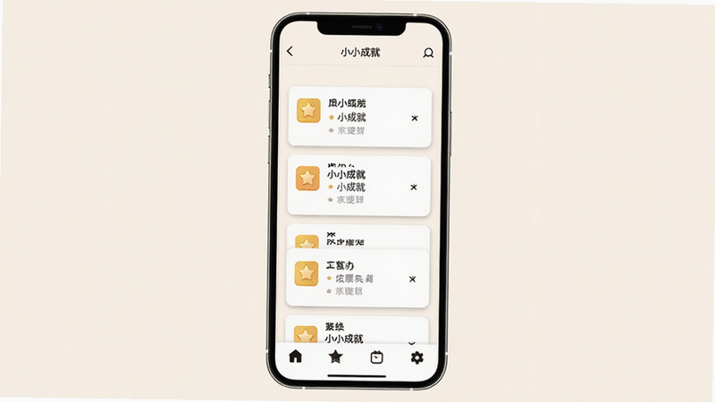 主体是一个手机屏幕界面,显示名为“小小成就”的APP主页,背景为柔和的米白色,布局简洁,顶部有导航栏,中间是卡片式的成就记录列表,每张卡片带有淡淡的阴影,底部有四个功能图标,排版整齐,风格为扁平化设计,细节清晰,画质高清,干净,无多余元素
