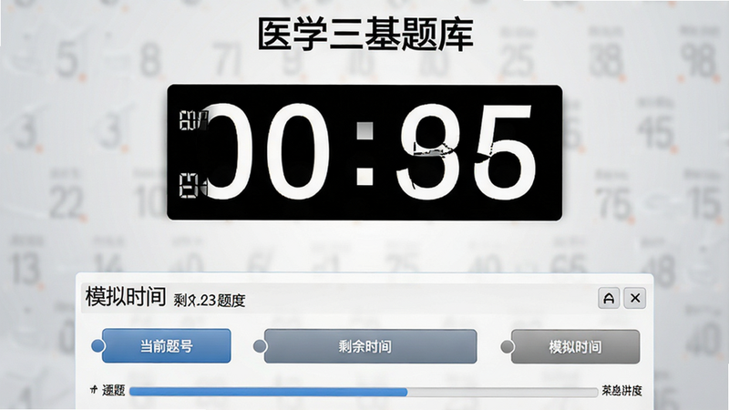 主体为“医学三基题库”的模拟考试界面,布局中央为大号倒计时时钟,下方为题目区域与选项按钮,背景为浅灰色渐变以突出内容。风格严肃专业,细节处显示当前题号与总题数进度条,画质清晰,干净,无多余元素,文字包含“模拟考试”、“剩余时间”