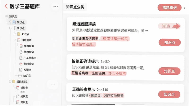 主体为“医学三基题库”应用内的错题本功能界面,布局左侧为知识点分类树状图,右侧为具体的错题列表卡片,每张卡片显示题目摘要与正确答案提示。风格现代简约,使用淡红色高亮标记错误部分,细节体现清晰的字体排版与交互按钮,画质高清,干净,无多余元素,文字包含“错题重做”、“知识点”
