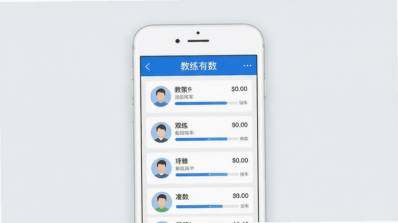 主体为一款名为“教练有数”的手机应用程序界面展示图,布局采用简洁扁平化设计风格,背景为干净的浅灰色,中央放置一部白色智能手机,屏幕显示着清晰的学员管理列表,包含头像、姓名及当前练车进度条,界面顶部有醒目的蓝色导航栏,文字“教练有数”清晰可见,整体排版整齐,细节精致,画质高清,无多余元素,干净利落