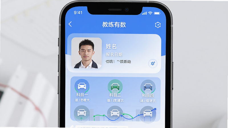 展示“教练有数”应用中的学员档案详情页,画面中心为手机屏幕,显示学员照片、姓名、报名日期及科目一至四的进度图标,布局清晰,配色以蓝白为主,风格现代简约,细节处体现数据可视化图表,画质清晰,无杂乱背景