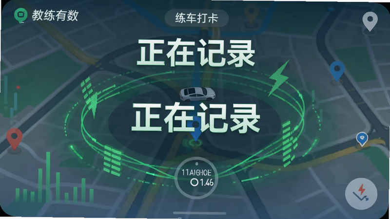 “教练有数”APP的练车打卡界面,背景为地图定位视图,中央显示当前练车车辆位置及计时器,周围环绕着绿色的数据流线条,象征实时传输,布局动态感强,风格科技感十足,文字“正在记录”醒目,画质高,干净无噪点