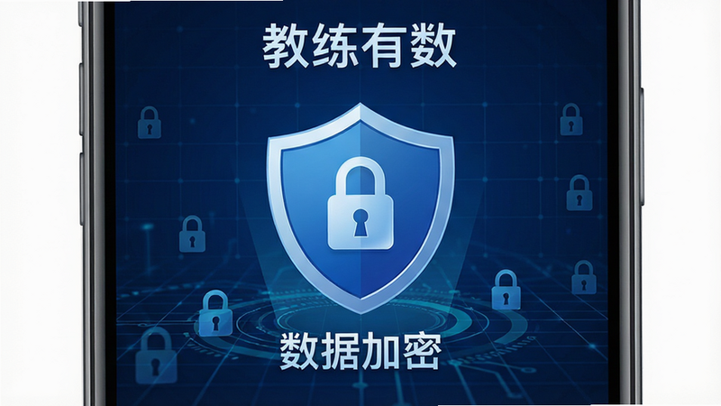 “教练有数”应用的安全认证界面,显示盾牌图标与“数据加密”字样,背景为深蓝色科技网格,布局中心突出安全标志,风格专业可信,细节处有锁形图案,画质清晰,无多余元素