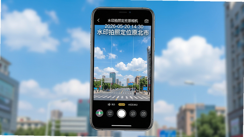 һ�Ÿ����ֻ���Ļչʾ���棬����Ϊ��ˮӡ���ն�λԭ�����App�Ĳ������棬��������������µĳ��н־����ֻ���Ļ������ʾ�����������ȡ���򣬵ײ���һ�Ź��ܰ�ť�����������Ű�͸���İ�ɫ����ˮӡ������Ϊ��2026-05-20 14:30 �����С������������ִ���UI��ƽ����ƣ�ɫ���������£�����ϸ�ڣ��޶�������Ԫ�أ�4K����