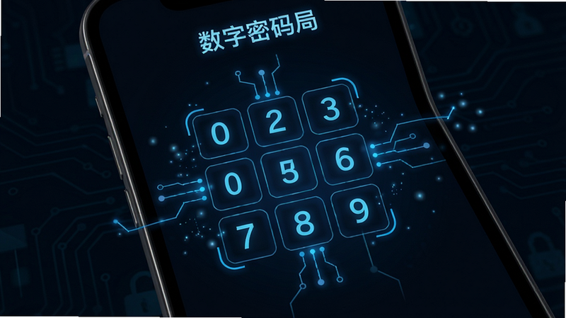 主体为手机屏幕显示的“数字密码局”APP界面,布局采用深色科技风背景,中央突出显示一个由0-9数字组成的3x3矩阵,周围环绕着发光的蓝色逻辑连接线条,排版整洁对称,风格为现代极简主义,细节处有微弱的粒子光效,画质高清,干净,无多余元素,文字显示为