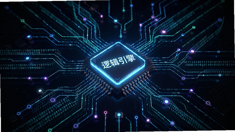主体为抽象的逻辑电路图,布局呈放射状,中心是一个发光的数字核心,向外延伸出多条数据流,排版清晰有序,风格为赛博朋克科技风,细节包含二进制代码流与节点闪烁,画质超清,干净,无多余元素,文字显示为