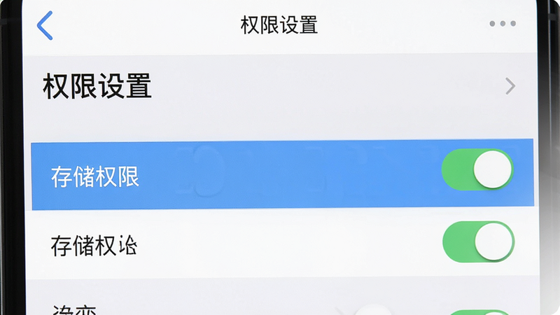 主体为手机设置界面,布局为列表式,高亮显示“存储权限”选项,风格为UI设计稿,细节展示开关状态,画质清晰,干净,无多余元素,文字显示为