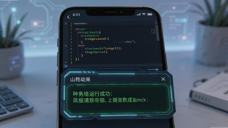 手机界面展示代码运行后的结果输出窗口,绿色文字显示程序运行成功,上方是代码编辑区,界面设计科技感强,背景柔和,突出运行反馈区域,清晰易读,高清