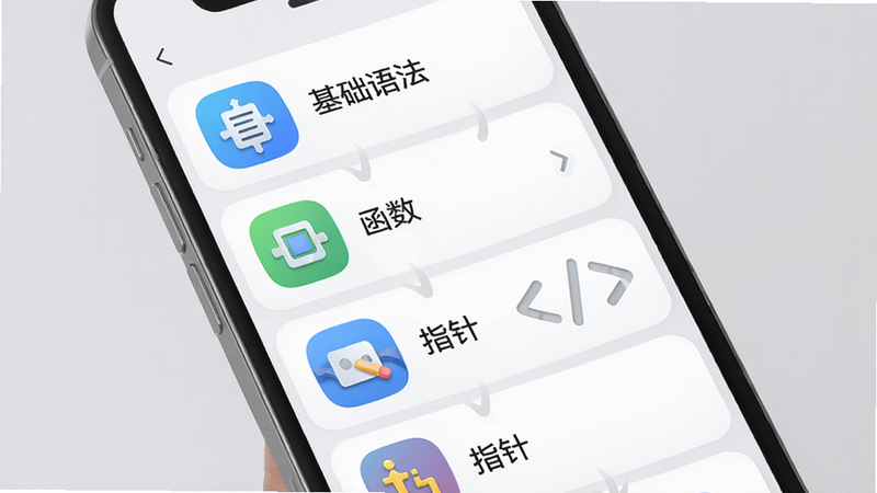 手机界面展示C语言学习课程列表,包含“基础语法”、“函数”、“指针”等模块,图标设计生动,列表布局整齐,背景为浅灰色,突出学习路径,风格清新,高清