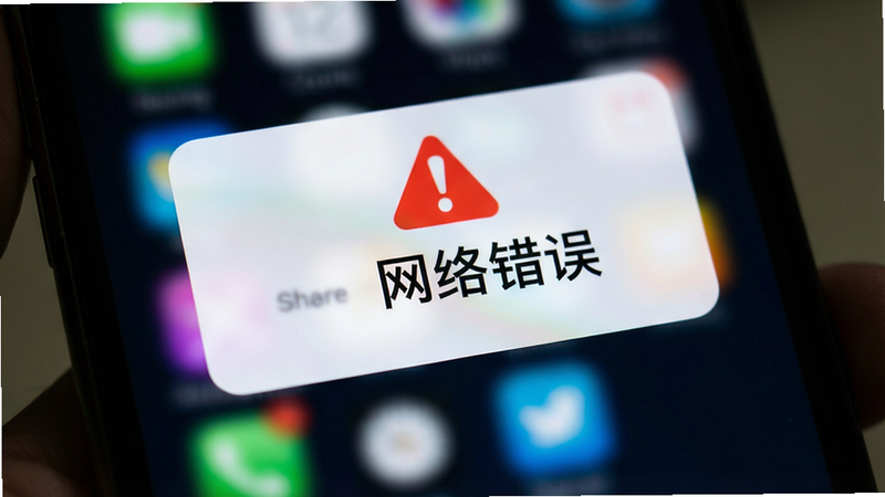 手机屏幕显示错误提示对话框,红色警示图标,背景模糊,突出显示“网络错误”字样,风格警示性强,清晰,高清