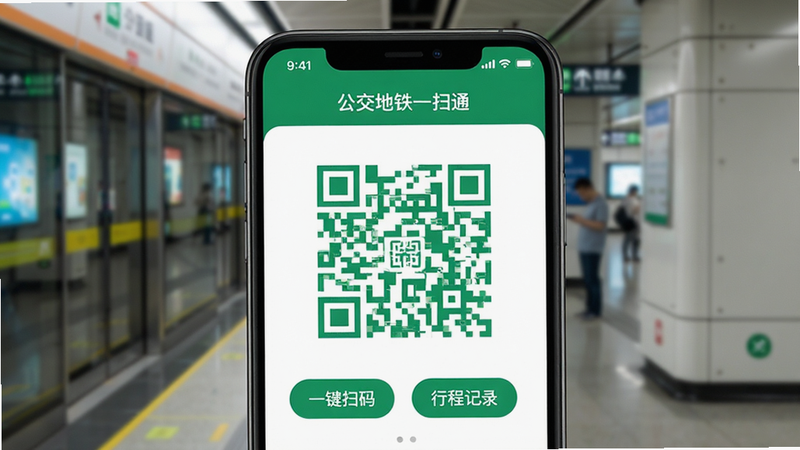 �ֻ���Ļ��д����ʾ����������һɨͨ��APP���棬����Ϊģ���ĳ��е���վ̨������������һ���޴����ɫ��ά�룬��Χ�м��ġ�һ��ɨ�롱�͡��г̼�¼����ť������ƽ����ɫ�����£����廭�ʣ��޶���Ԫ��