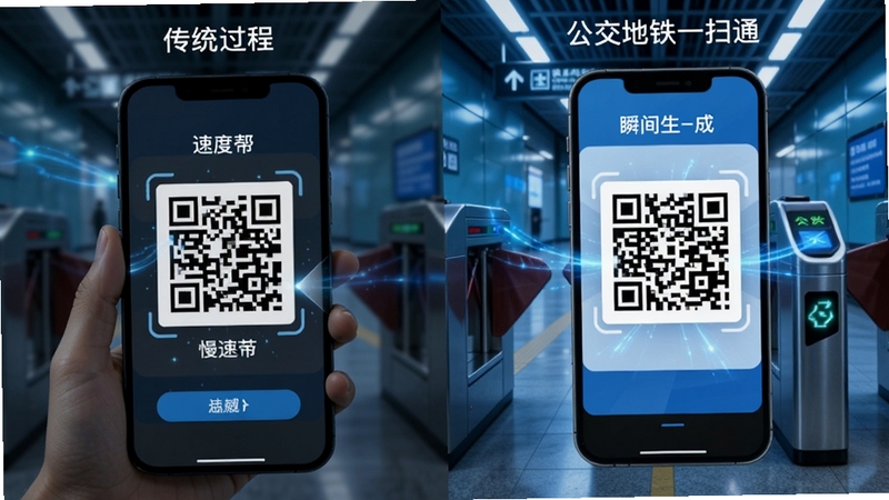 �����Ա�ͼ�������ʾ��ͳAPP���ض�ά������ٹ��̣��Ҳ���ʾ����������һɨͨ��˲������������ά��Ļ��棬����Ϊ����բ����ͻ���ٶȸУ��Ƽ�����ɫ����������Ⱦ��ϸ�ڷḻ