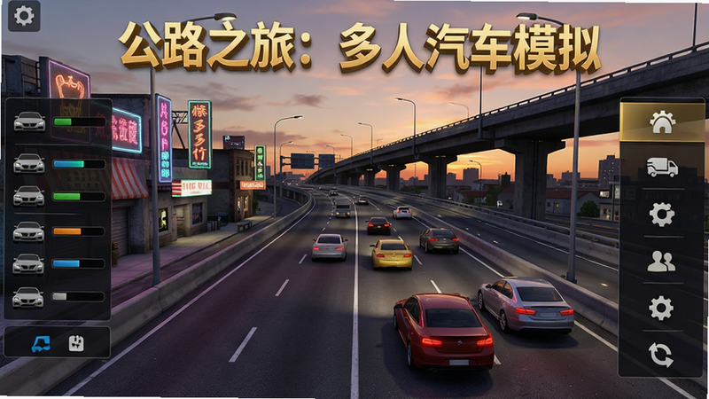 主体为《公路之旅:多人汽车模拟》游戏主界面,布局呈现中央3D道路场景,左侧为车辆状态栏,右侧为功能菜单,背景是黄昏时分的城市高架桥,风格为高清写实3D渲染,细节包含路边霓虹灯牌与行驶中的多辆轿车,画质清晰锐利,干净无多余元素,文字“公路之旅:多人汽车模拟”以立体金色字体悬浮于画面顶部居中位置