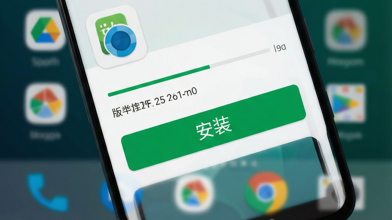 主体为安卓手机安装界面,布局显示应用图标与“安装”按钮,背景为手机桌面模糊效果,风格为简洁现代,细节包含进度条与版本号信息,画质高清,干净无杂乱元素,文字“安装”以绿色醒目字体显示在按钮上