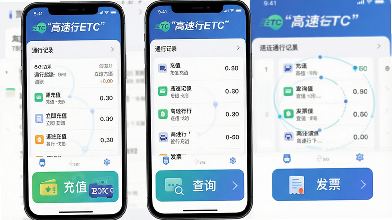 ��������ȫ��ͼ������Ϊ��������ETC��APP��ҳ������������������ʾ��������ETC��Logo���м�չʾͨ�м�¼�б����ײ��С���ֵ������ѯ������Ʊ��������ť�����Ϊ�ִ���ƽ����ƣ�ϸ�ڴ����ֿƼ��У����ʸ��壬�ɾ��޶���Ԫ�أ����ּ����ţ���