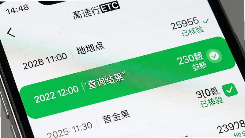�ֻ���Ļ��д����ʾ��������ETC��APP�Ĳ�ѯ���ҳ�棬�б�ʽ���֣�ÿһ�а���ʱ�䡢�ص㡢��������ʾ��ǰ��¼����������ˣ�ϸ�ڴ�����ɫ�Թ�ͼ���ʾ�Ѻ��飬�����������ޱ������ţ����ּ����ţ���