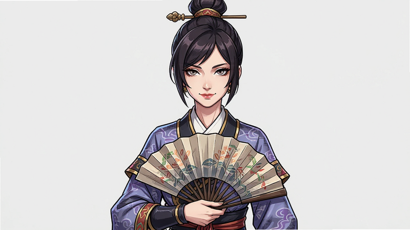 主体为游戏角色立绘,展示一位手持扇子的女性角色,布局居中,排版对称,风格为精美2D插画,细节展示服饰纹理,画质高清,干净,无多余元素