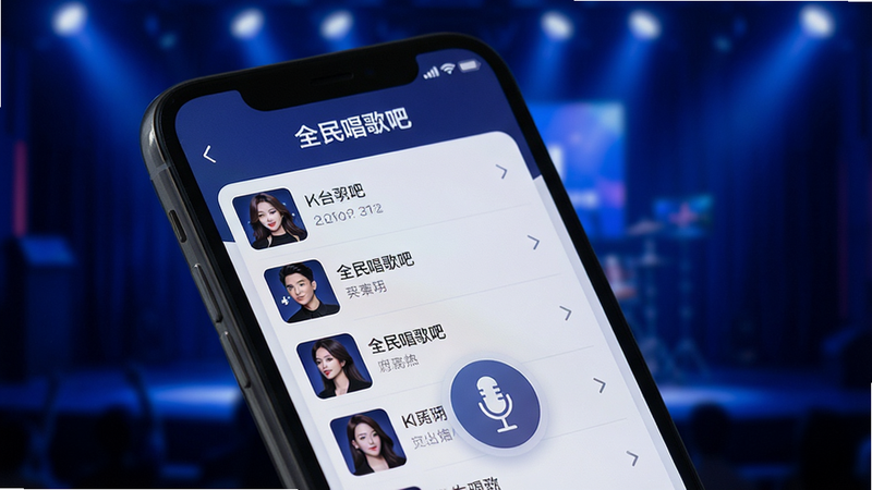 �ֻ���Ļ��д����ʾ��ȫ�񳪸�ɡ�APP���棬����Ϊ��͵�����ɫKTV��̨�ƹ⣬��Ļ������ʾ�����б�����˷�ͼ�꣬�������ִ���������Ӱ����޶���װ�Σ��ɾ����䣬8k�ֱ��ʣ�ϸ�ڷḻ
