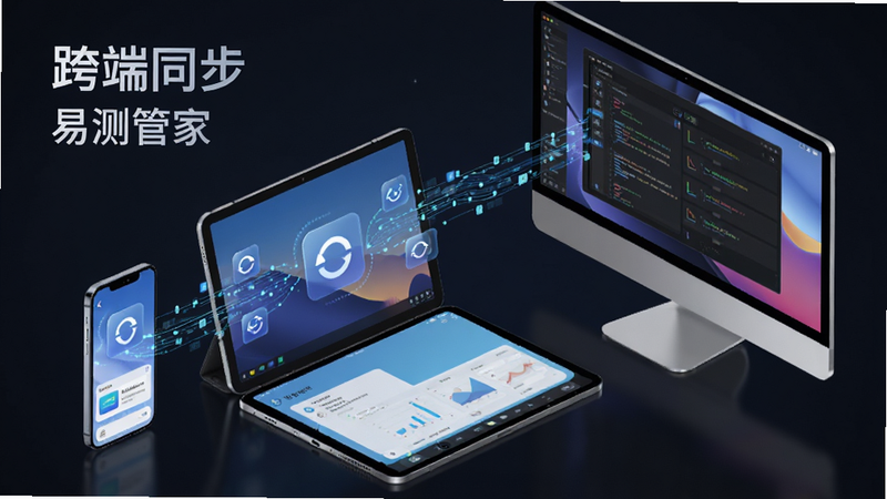 主体为多设备协同场景,布局展示手机、平板与电脑屏幕联动,排版为透视角度,风格为科技感,细节包含数据流动线条、同步图标,文字显示“跨端同步”、“易测管家”,画质精致,背景深色