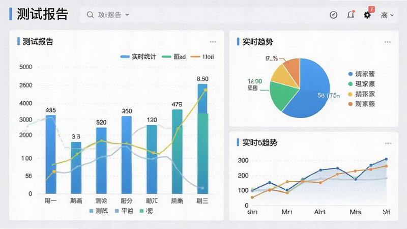 主体为易测管家数据看板,布局包含柱状图、饼图及趋势线,排版紧凑,风格为数据可视化风格,细节包含坐标轴、图例、数值标注,文字显示“测试报告”、“实时统计”,画质高保真,背景浅灰