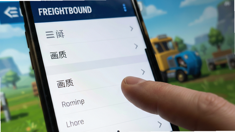 手机屏幕界面截图,显示Freightbound游戏的设置菜单,手指正在点击“画质”选项,背景模糊,突出操作细节,高清,无文字干扰,干净