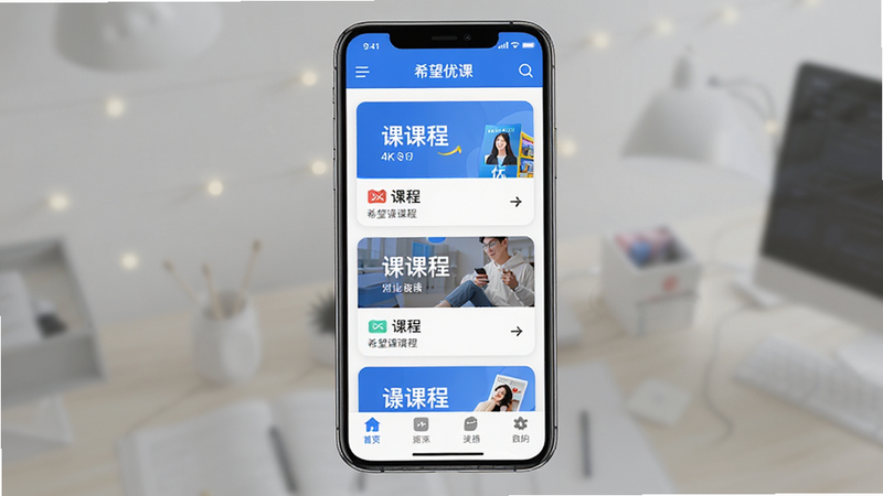 ϣ���ſ�App����ȫ��չʾ������Ϊ�ֻ���Ļ������ʾ����������������Ϊ���������в�Ϊ�γ̿�Ƭ�б����ײ�Ϊ���ܱ�ǩ��������Լ�ִ�����ɫΪ��ɫ����ϸ�ڴ��и���ͼ������֣�����4K���ɾ��޶���Ԫ�أ����ְ���