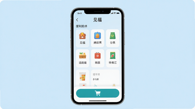 一张展示见福APP核心界面的高清概念图,主体为智能手机屏幕,显示简洁现代的便利店购物界面,包含商品分类图标和购物车按钮,背景为柔和的浅蓝色调,布局清晰,排版整齐,风格扁平化,细节清晰,画质高分辨率,干净无多余元素,文字“见福”清晰可见